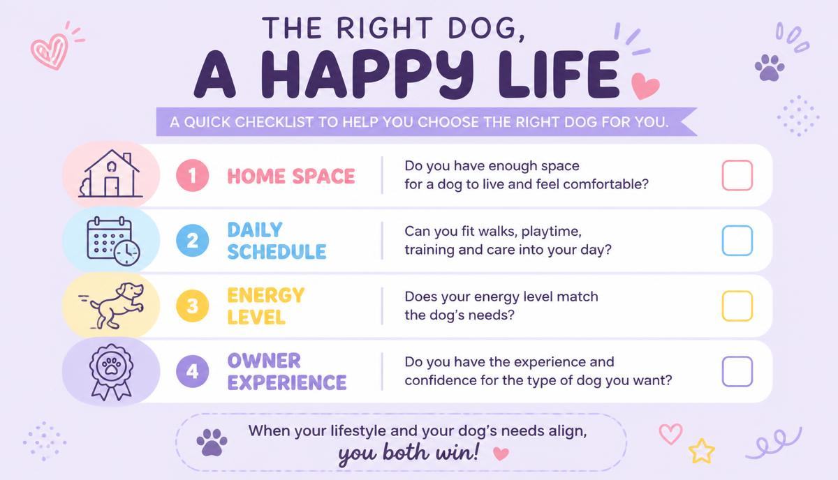 Checklist graphic showing lifestyle factors for choosing a dog: space, schedule, energy, experience