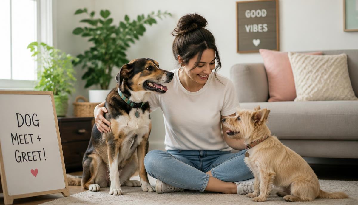 Person sitting on the floor choosing between two dog breeds during a meet-and-greet