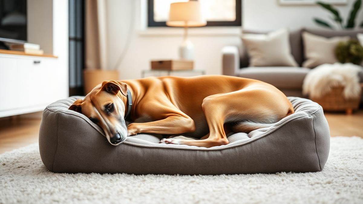 Greyhound lying relaxed on a soft dog bed indoors