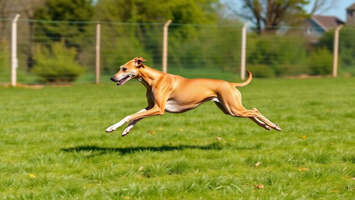 Greyhound sprinting across a fenced field