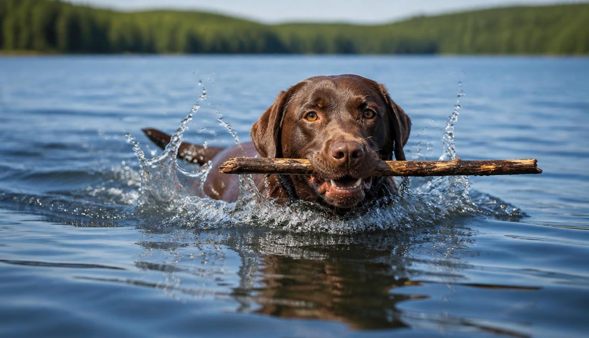 Labrador Retriever swimming in a lake