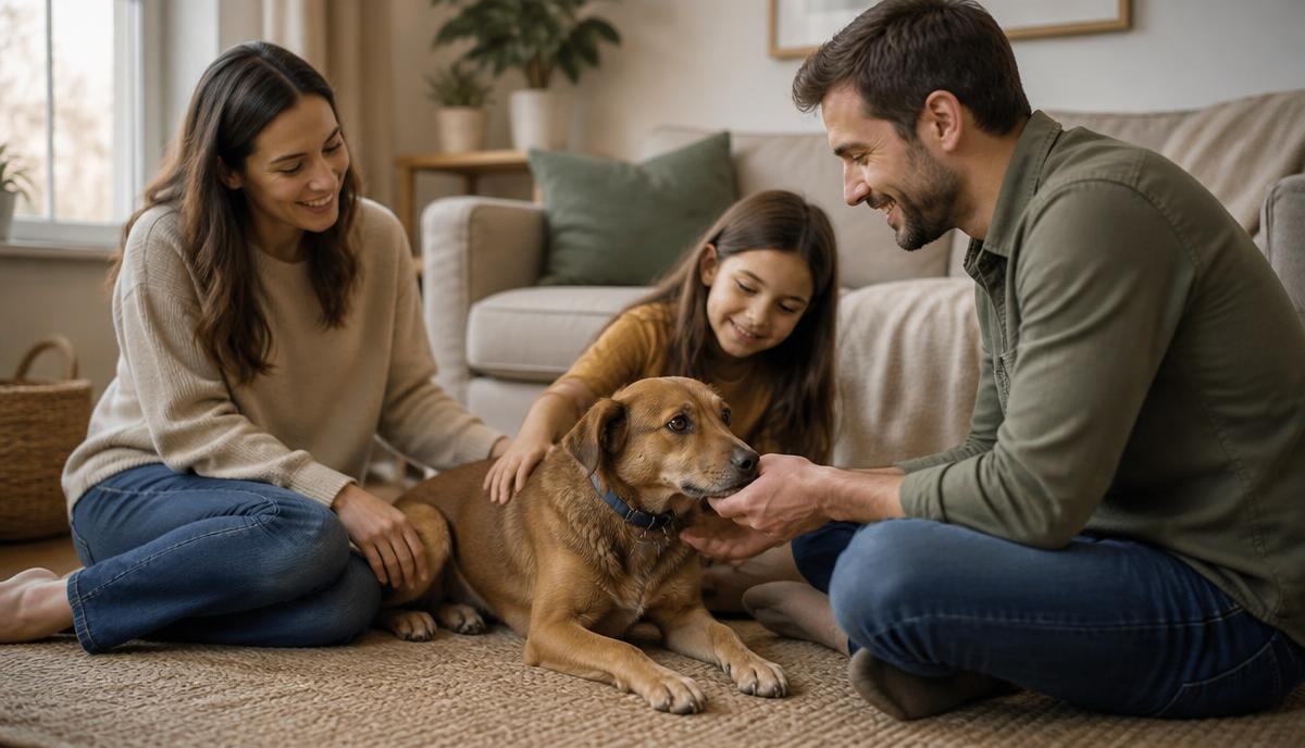 Family sitting on the floor greeting a new rescue dog calmly