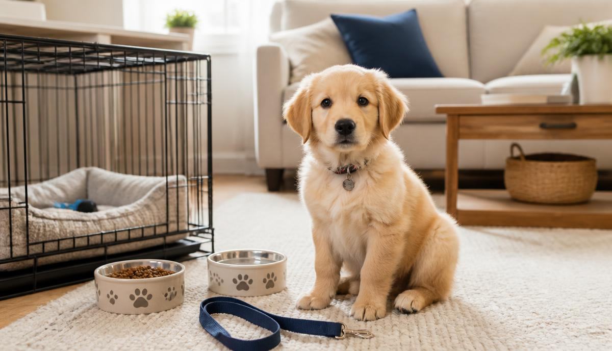 New puppy sitting next to a crate, bowl, and leash in a dog-proofed living room