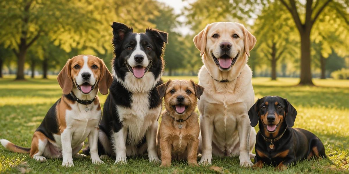 Five dogs of different breeds — a beagle, border collie, terrier, labrador and dachshund — sitting together on grass in a sunny park