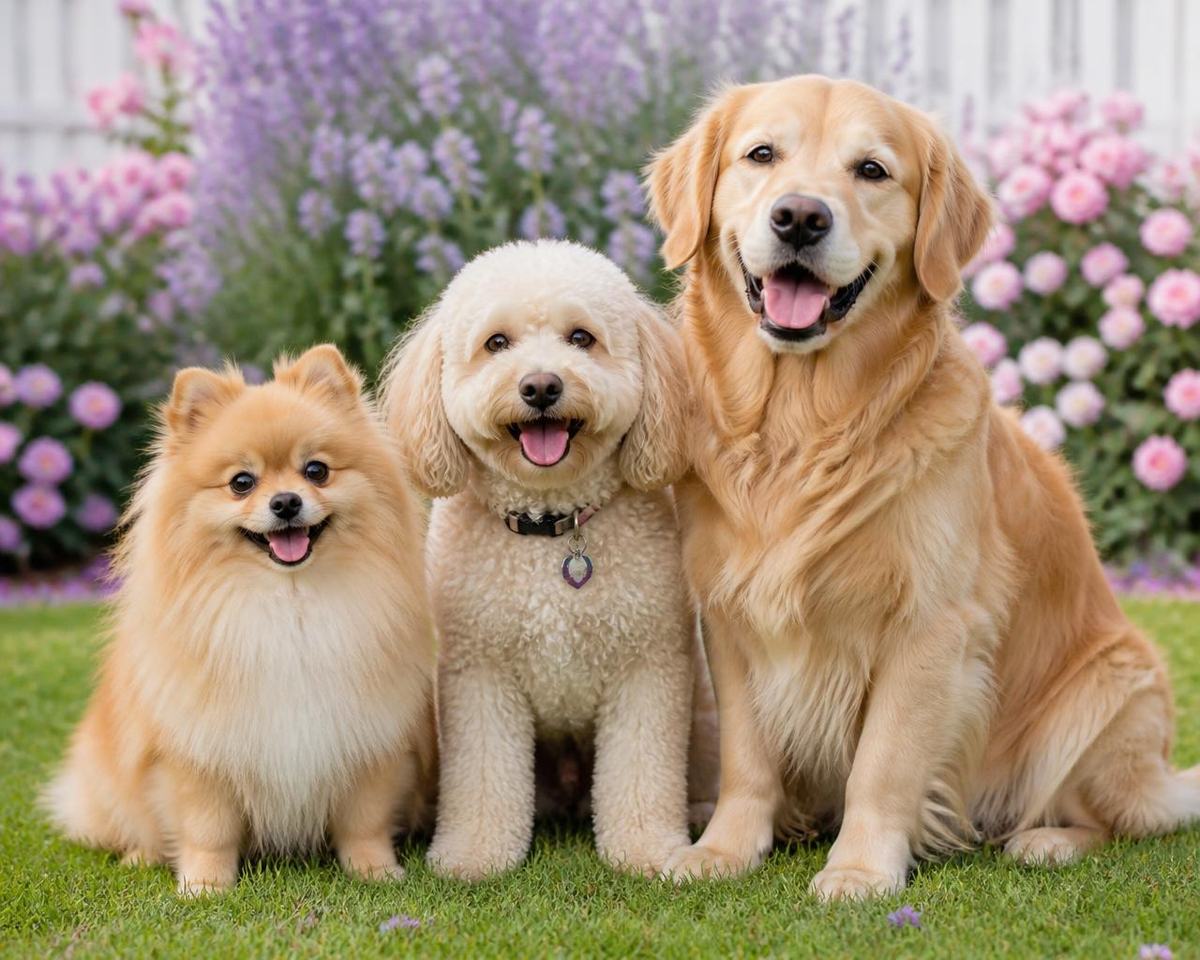 Photo of three happy dogs — a pomeranian, a poodle mix and a golden retriever — sitting together on grass