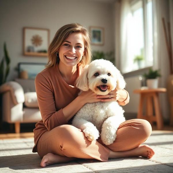 Priya sitting on her living room floor hugging her fluffy white poodle mix