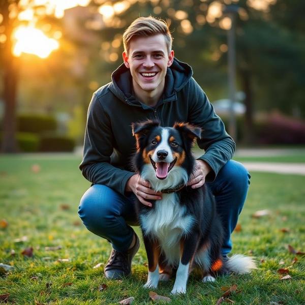 Tom kneeling in a park beside his black and white border collie at golden hour